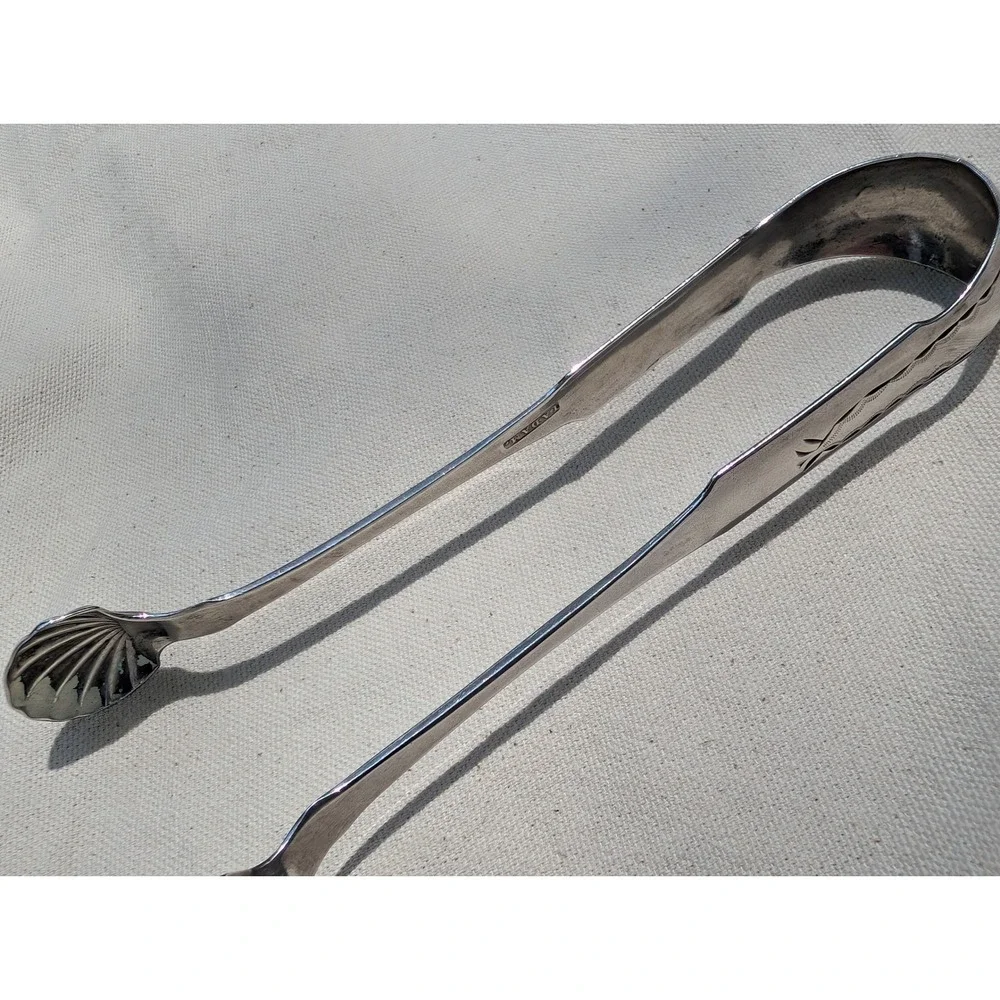 James Adam Antique Coin Silver Sugar Tongs Shell Motif Monogrammed Georgian